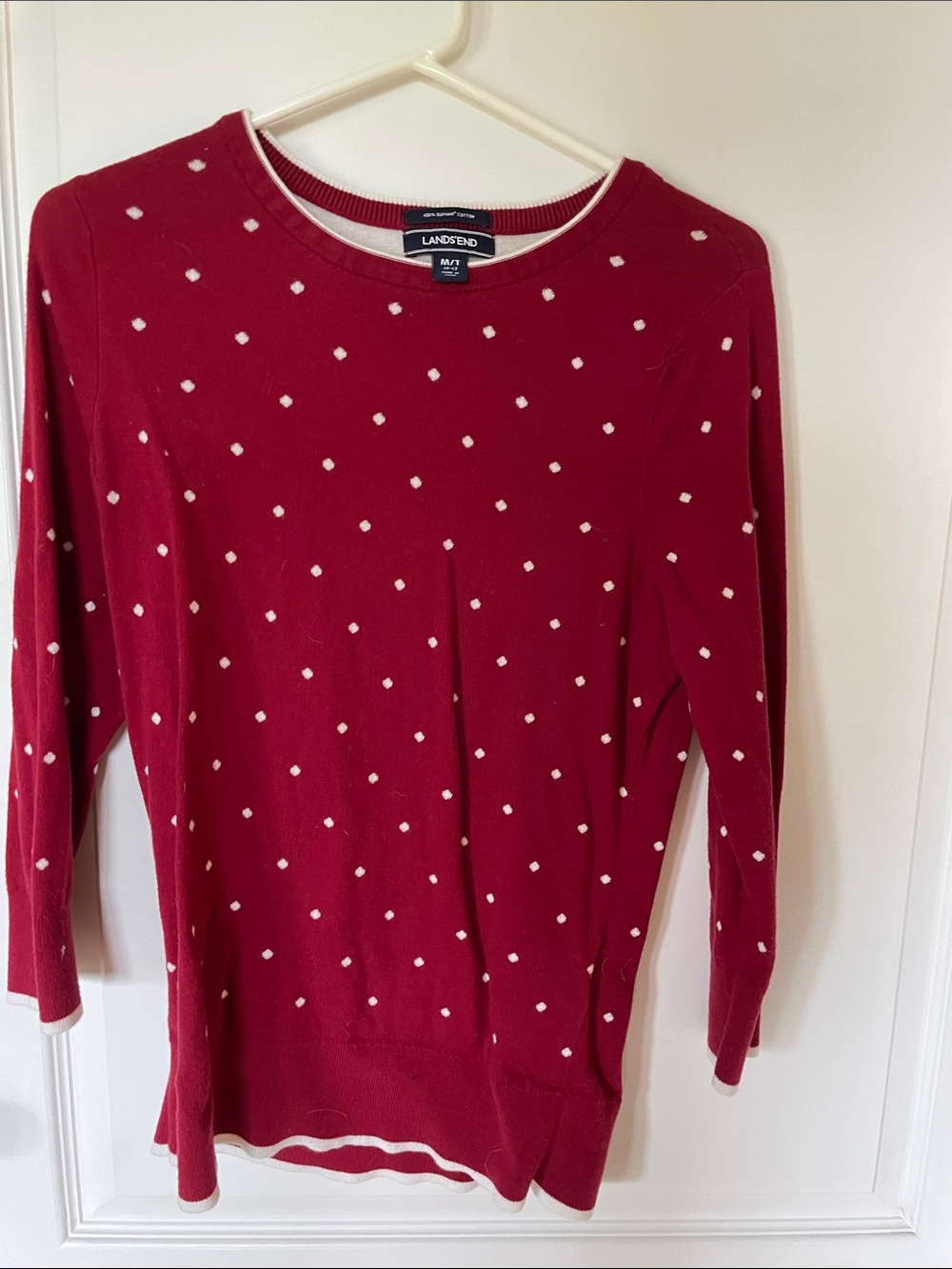 Lands' End Red Sweater with White Dot Pattern